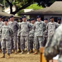 Soldiers listening commanders speech at Schofield Barracks