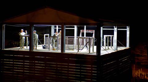Camp Frank D Merrill Soldier in security tower at Camp Frank D Merrill