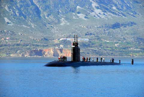 Submarine approaching Naval Support Activity Souda Bay