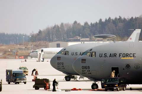 Spangdahlem Air Base Areal View and transport plane C-17 planes at Spangdahlem Air Base